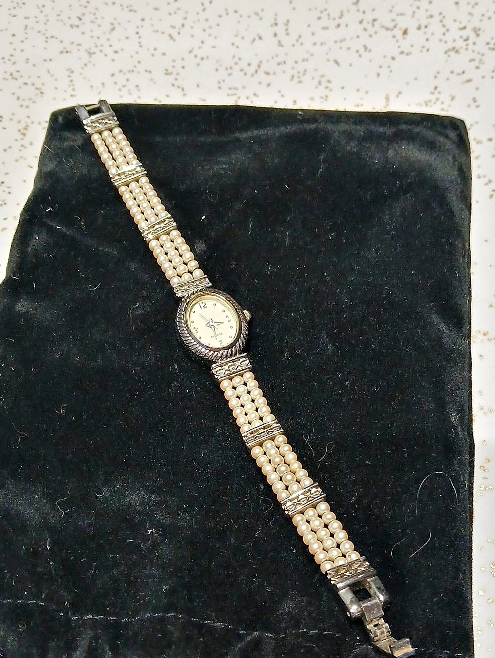 Avon Triple Strand Pearlesque Bracelet Watch Pearl White & Silver